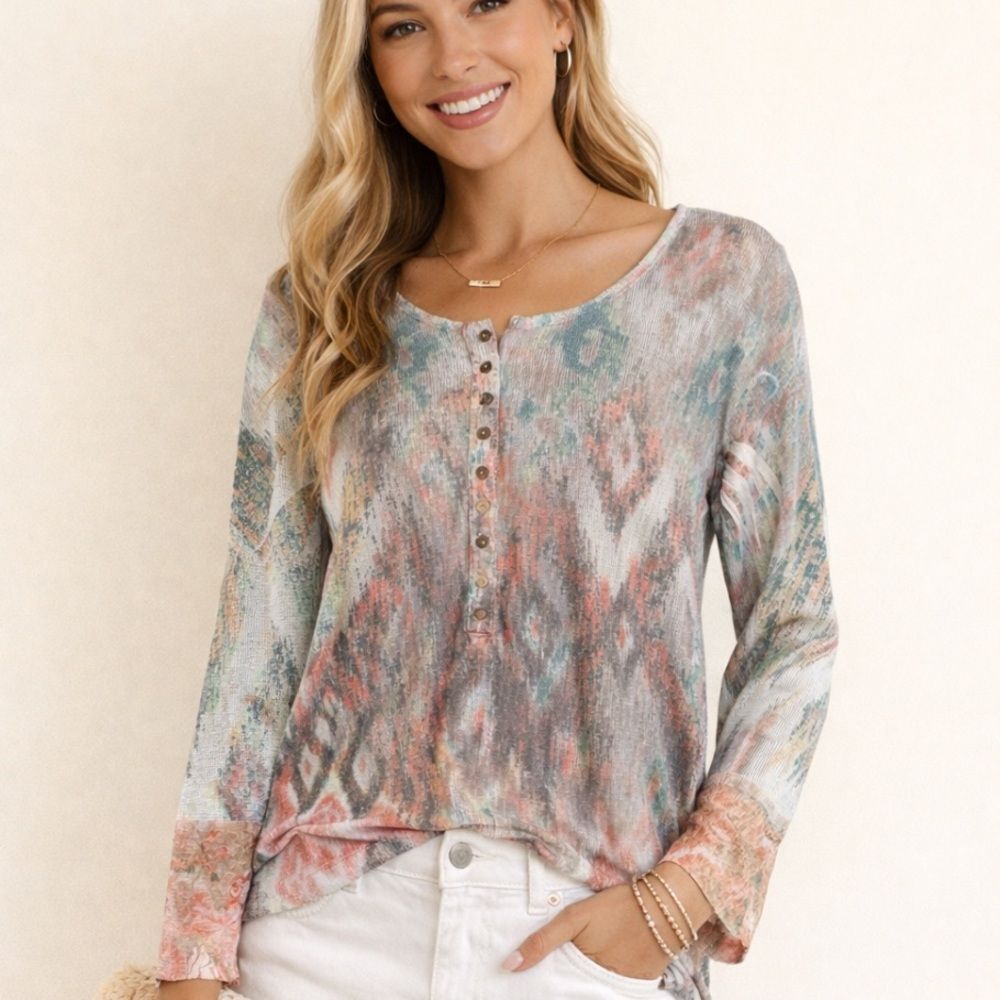 Sundance Medium Long Sleeve Pastel Henley Shirt Lace Trim Sleeve Waffle Texture